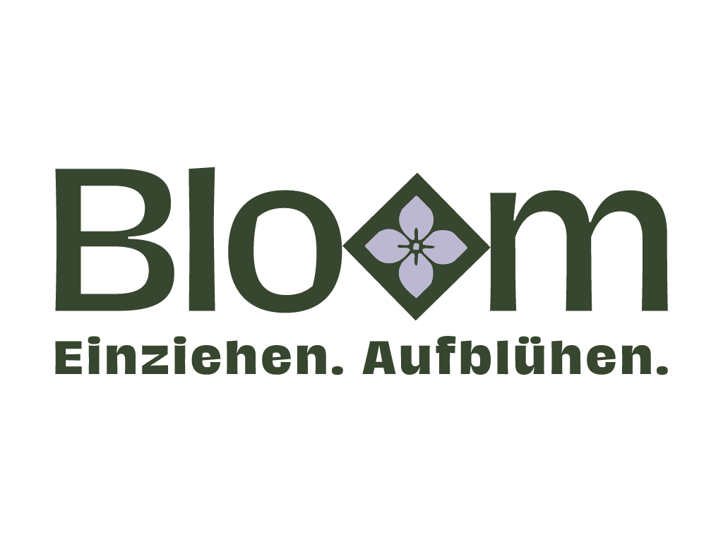 bloom.wien Logo, grünes Schriftlogo mit Blume, Slogan Einziehen. Aufblühen.